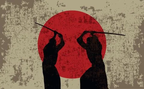 Two men with swords and a flag of Japan. Stock Illustration