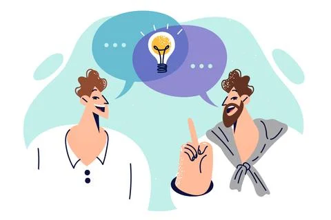 Two men talking, exchanging ideas and brainstorming together before creating Stock Illustration
