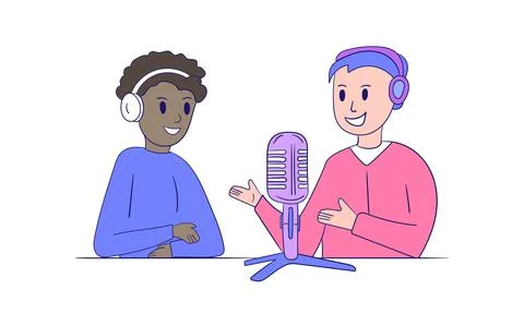 Two men talking on live streaming. Concept of podcast in studio. Illustrazione stock