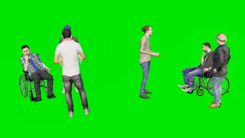 Two men talking to a person sitting in set on a 3d animated green screen 動画素材 329596869