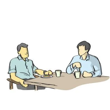 Two men talking on table with cake and coffee illustration vector Stock Illustration