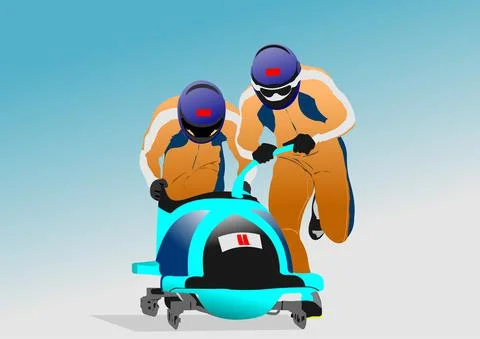 Two men team bobsleigh. 3d vector color illustration Stock Illustration