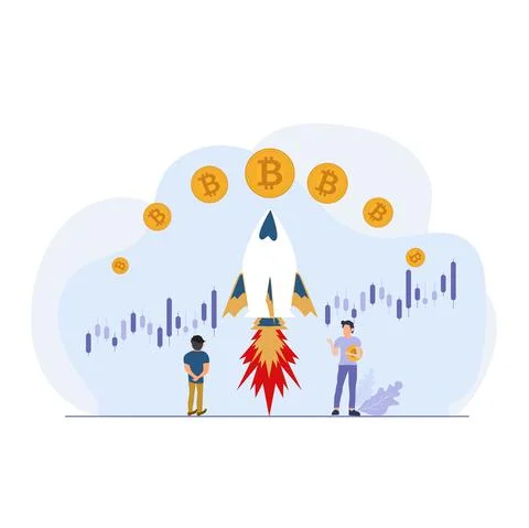Two men trading on cypto chart, holding bitcoins currency on up trend arrow  Stock Illustration