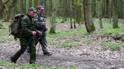 Two men in uniform with backpacks and sticks for walking go along the forest Stock Footage 67825201
