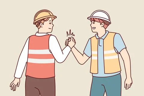 Two men in uniform of builders shake hands holding each others palms tightly Stock Illustration