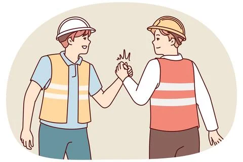 Two men in uniform of builders shake hands holding each others palms tightly Stock Illustration