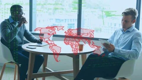 Two men using devices in tech meeting, left reaching cup, sipping, red map, Stock Footage 335211730