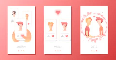 Two men using mobile application for dating or searching romantic partner on Stock Illustration