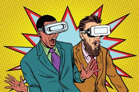 Two men in VR glasses scared and screaming in panic Stock Illustration