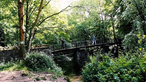 Two men walking across bridge. Video stock 78886812