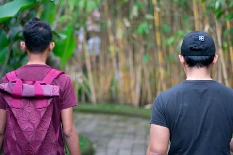 Two men walking along pathway lined with trees Stock-Fotos
