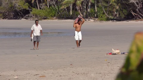 Two Men Walking A Beach After Collecting Coconuts Stock Footage
