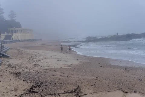 Two men walking on a foggy beach in the morning Foto stock