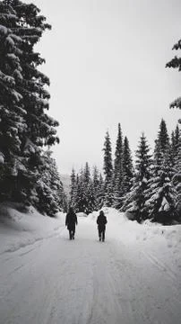 Two men walking on mountain road in snowy forest at winter Stock Photos