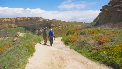 Two Men Walking on a Path near the Ocean Stock Footage 90094043