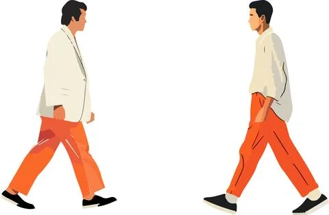 Two men walking on a sidewalk, one wearing a white jacket Illustrazione stock