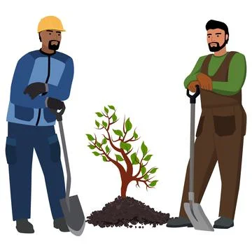 Two men in work clothes with shovels stand next to young seedling in heap Illustration