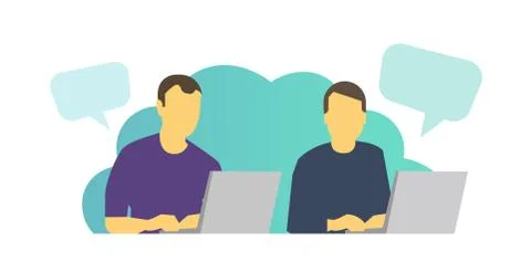 Two men work sitting at laptops and chatting. Everyday tasks at work at the Stock Illustration