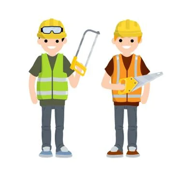 Two Men workers in uniform with helmets. Repair and installation tools. Stock Illustration