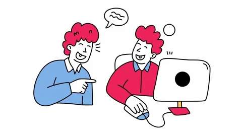 Two men working on computer while pointing and laughing together Stock Footage 331578748