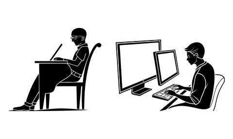 Two men working on computers one with laptop other with desktop monitor Stock Illustration