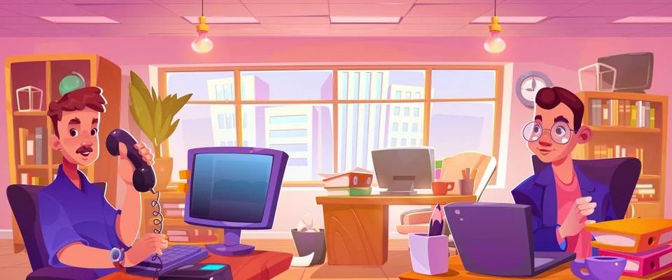 Two men working at table in office room interior Stock Illustration