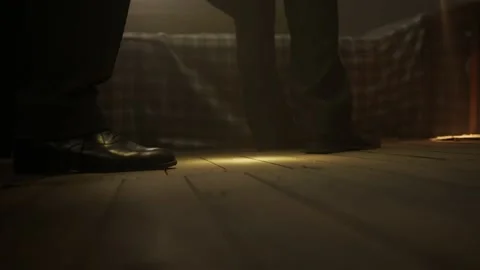 Two Men's Feet Walking In An Old Room 2 Stock Footage 206455781