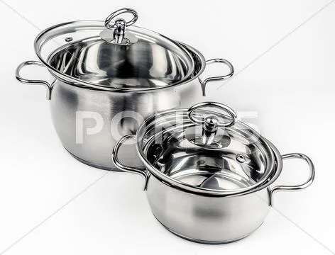 Two Metal stock pots with glass lid Stock Photos
