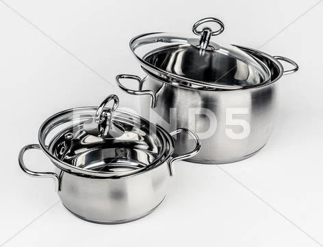 Two Metal stock pots with glass lid Stock Photos