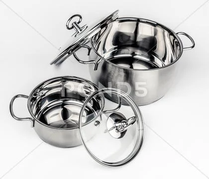 Two Metal stock pots with glass lid Stock Photos
