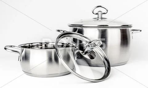 Two Metal stock pots with glass lid Stock Photos