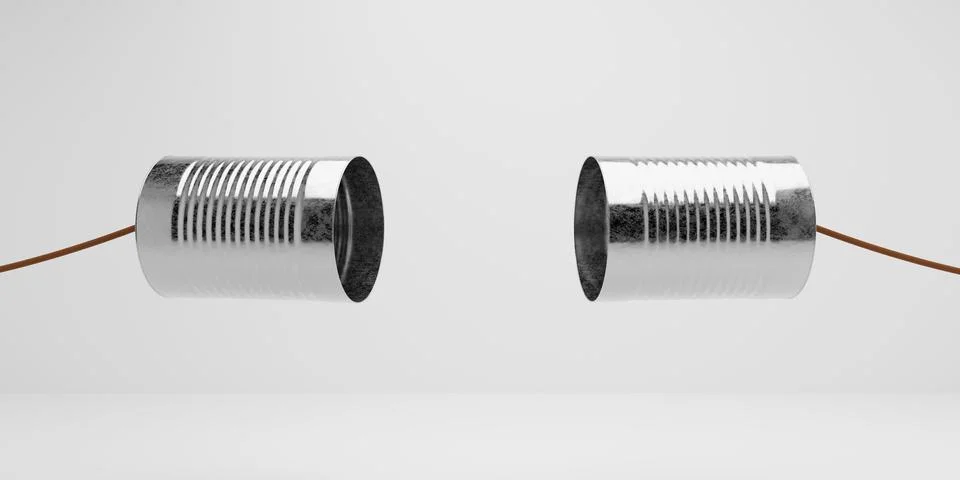 Two metal tin cans with strings attached floating on white background, busi.. Stock Illustration