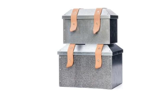 Two metal tool box Stacking on White Background Photos