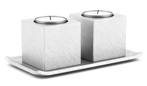 Two metallic candlesticks with candles isolated on white background Stock Illustration