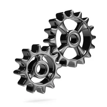 Two metallic cogwheels engaged isolated on white background 3d illustration Ilustración de archivo