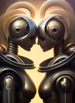Two metallic humanoid androids facing each other Stock Illustration