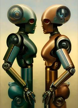 Two metallic humanoid robots androids or cyborgs facing each other Stock Illustration