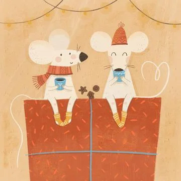 Two mice sit on a box with a gift drink tea coffee on a holiday new year Stock Illustration