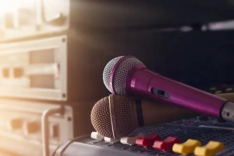 Two microphone on sound control in backstage  concert Stock-Fotos