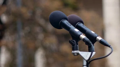 Two microphones on the holder Stock Footage 79341877