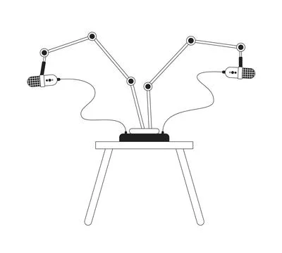 Two microphones stands on coffee table black and white 2D cartoon object イラスト素材