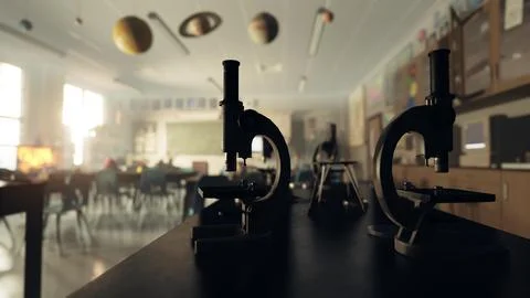 Two microscopes sitting on top of a table in a room Stock Illustration