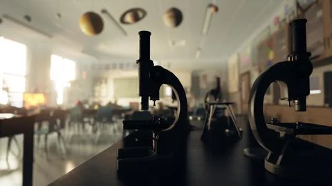 Two microscopes sitting on top of a table in a room Stock Illustration