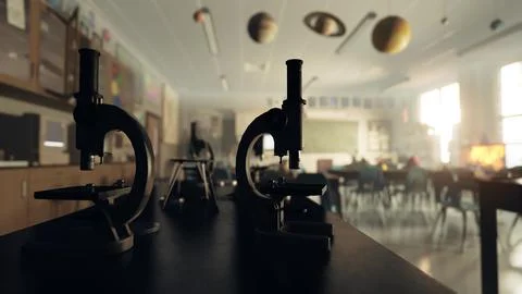 Two microscopes sitting on top of a table in a room Stock Illustration