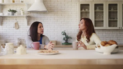 Two middle-aged female friends talking while drinking tea at home, friendship Stock Footage 335959910