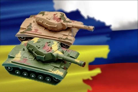 Two military tanks, a map with the flags of Ukraine and Russia. Concept: Ukraini Fotos de archivo