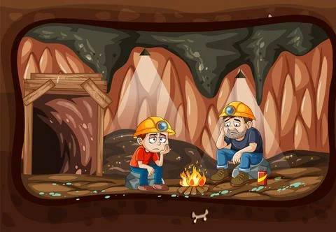 Two Miners Resting by Campfire Inside Underground Cave Stock Illustration