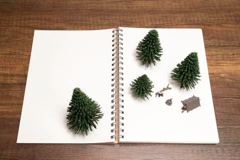 Two miniature camping with pine tree on white blank notebook Stock Photos