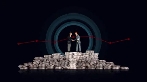 Two miniature men shaking hands on a pile of coins. Stock Footage 273839076