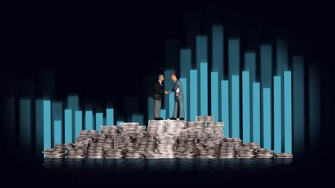 Two miniature men shaking hands on a pile of coins. Stock Footage 273839079